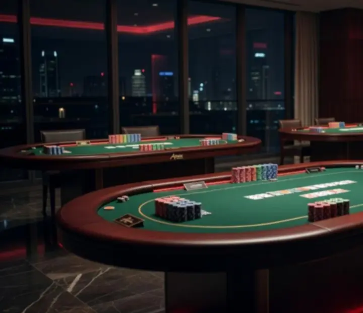 Komplexní večerní pokerový set-up s několika stoly, světly a moderovaným programem
