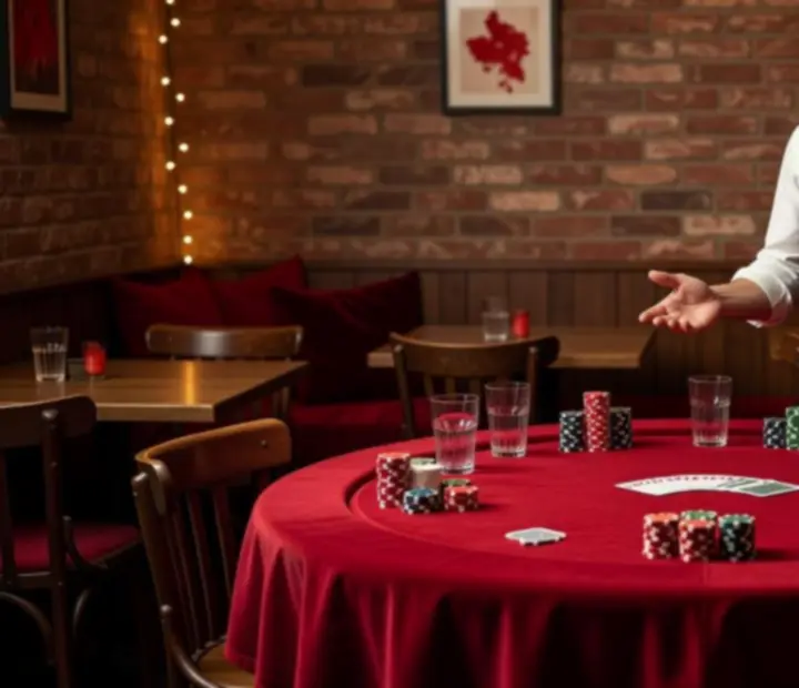 Kompaktní pokerový set-up v kavárně s decentní výzdobou