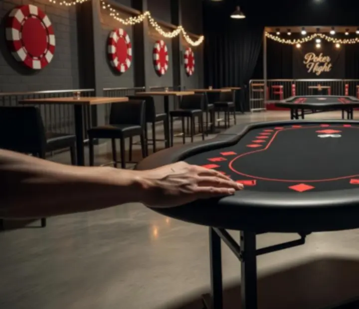 Detail flexibilního nastavení sálu s mobilními pokerovými stoly a brandovanou výzdobou na míru.