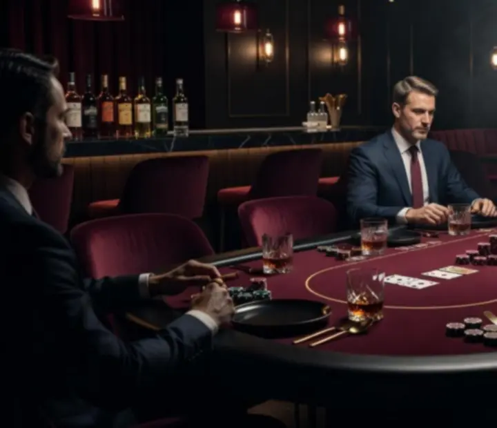 Atmosférický pokerový večer v kavárně s jemným červeným nasvícením a připraveným stolem.