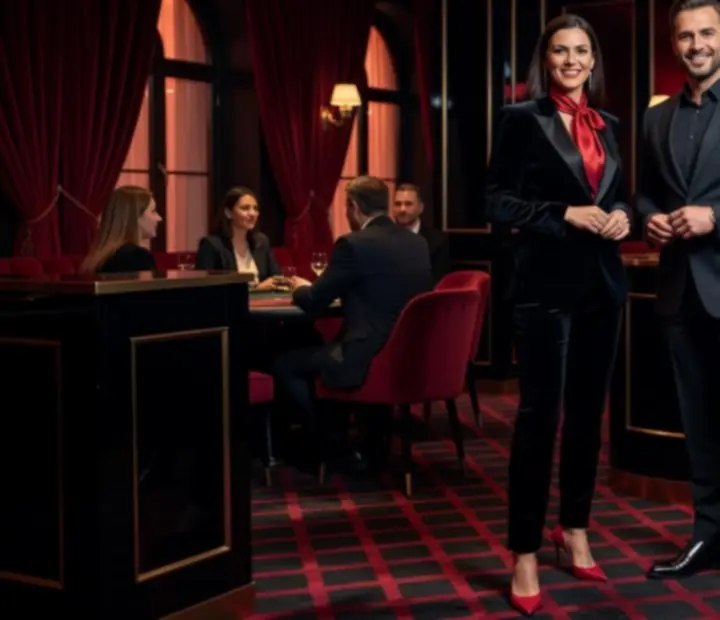 Hostesky a moderátor vítají hosty u pokerového večera