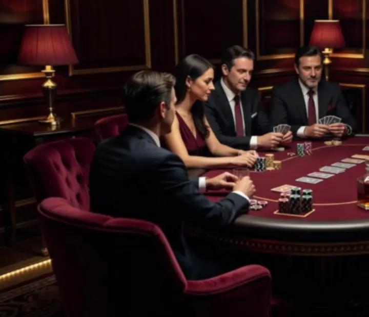 Stylový lounge pokerový set-up s burgundským světlem a klubovou atmosférou