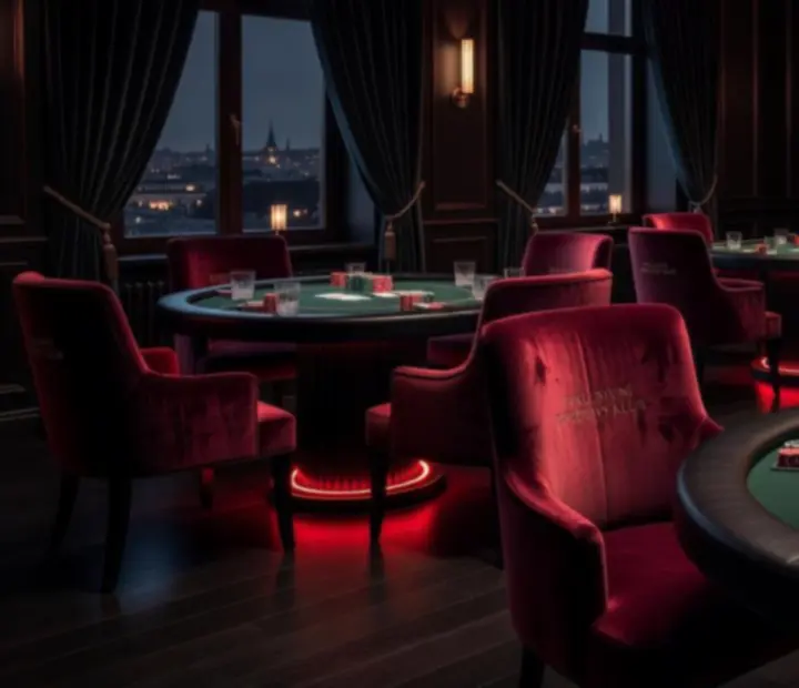 Atmosférický večerní pokerový event v restauraci s červeným a černým nasvícením