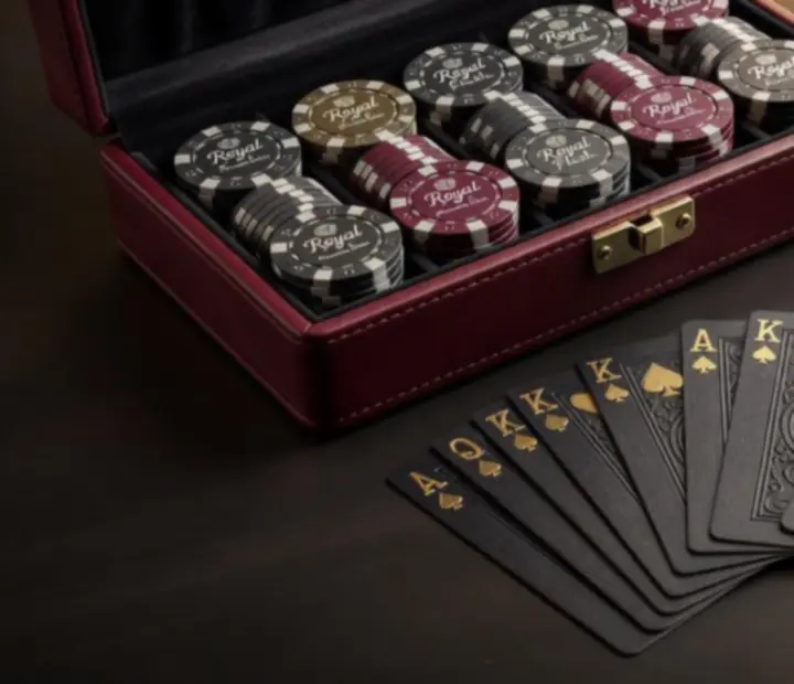Stylové pokerové stoly, žetony a karty připravené pro společenský večer