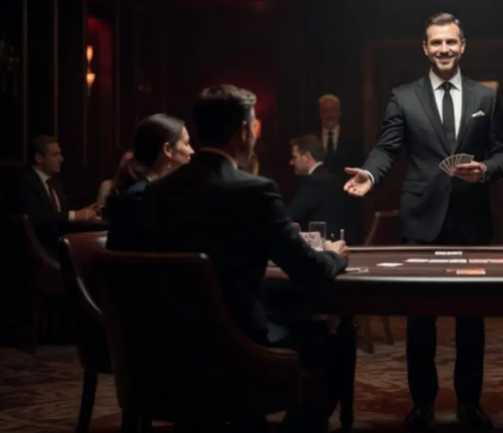 Profesionální moderátor stojící u pokerového stolu v rubínově nasvíceném lounge