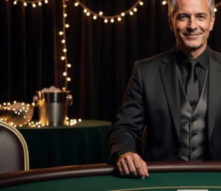 Profesionální hostitel a dealer u pokerového stolu, usměvavá komunikace s hosty v elegantním prostředí.