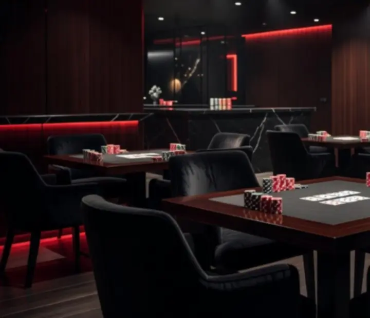 Večerní restaurace přeměněná na prémiovou pokerovou zónu s nasvícenými stoly a tmavě rudou atmosférou.
