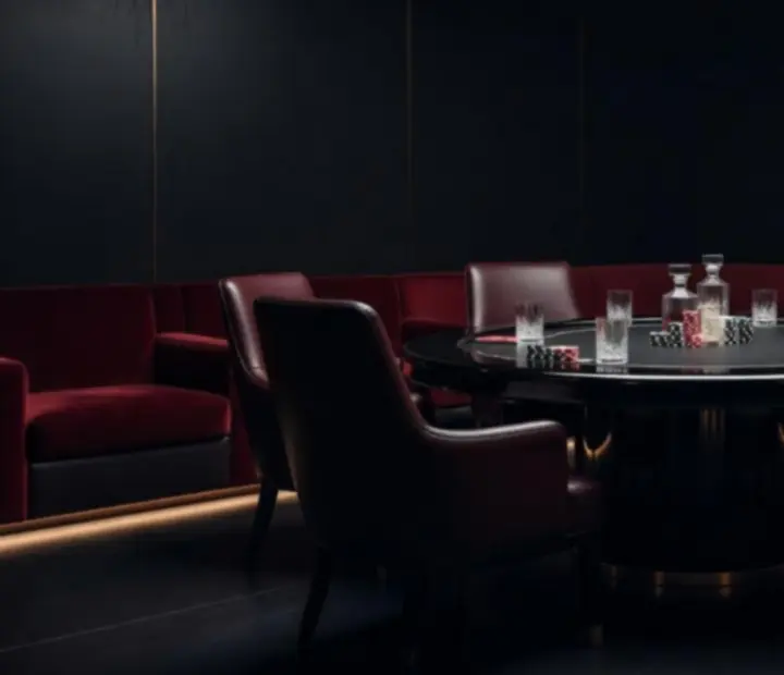 VIP lounge se soukromým pokerovým stolem, tlumeným osvětlením a exkluzivní atmosférou.